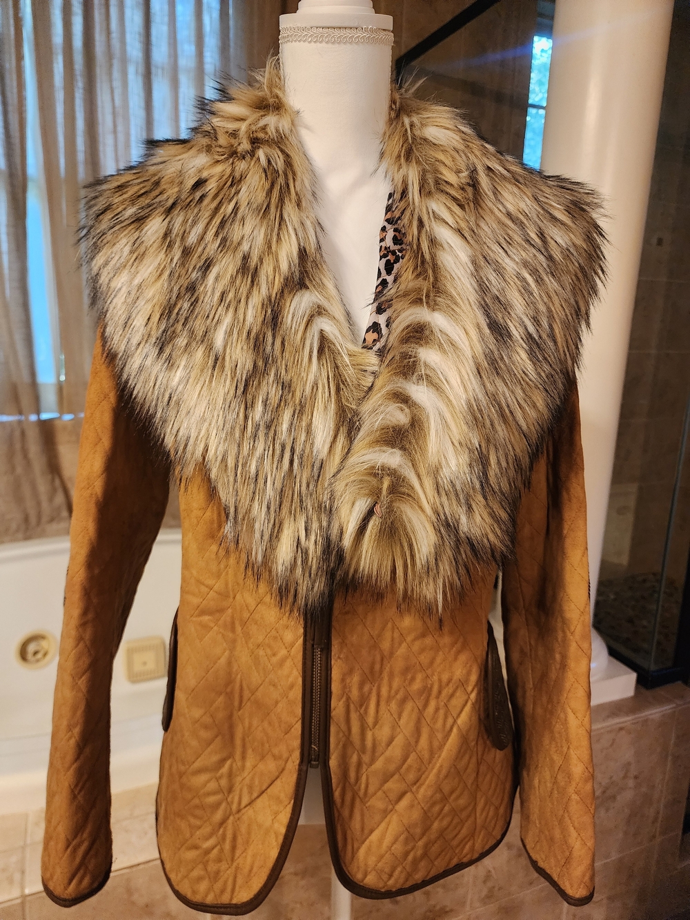 Tasha Polizzi Tan Quilted Jacket with Faux Fur Shawl Collar
